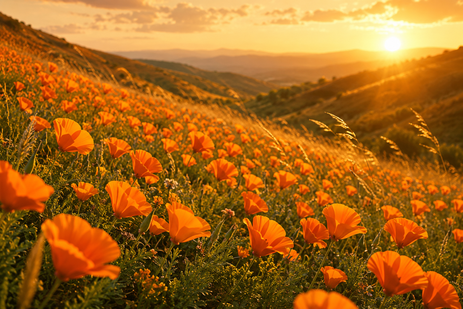 Poppy — a golden hillside of poppies in bloom at sunset, the same photograph used inside the Poppy Edition.