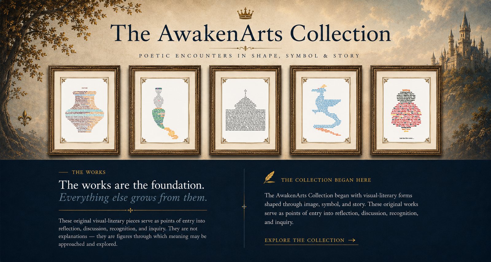 The AwakenArts Collection — poetic encounters in shape, symbol, and story — six framed visual-literary works displayed as a gallery wall