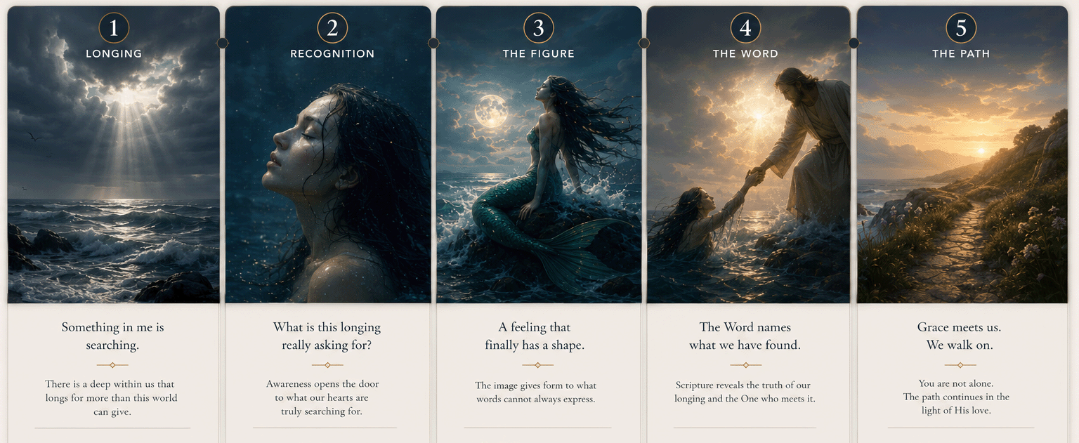A Path of Recognition — five steps: Longing, Recognition, The Figure, The Word, The Path — the journey through which the AwakenArts Collection is experienced