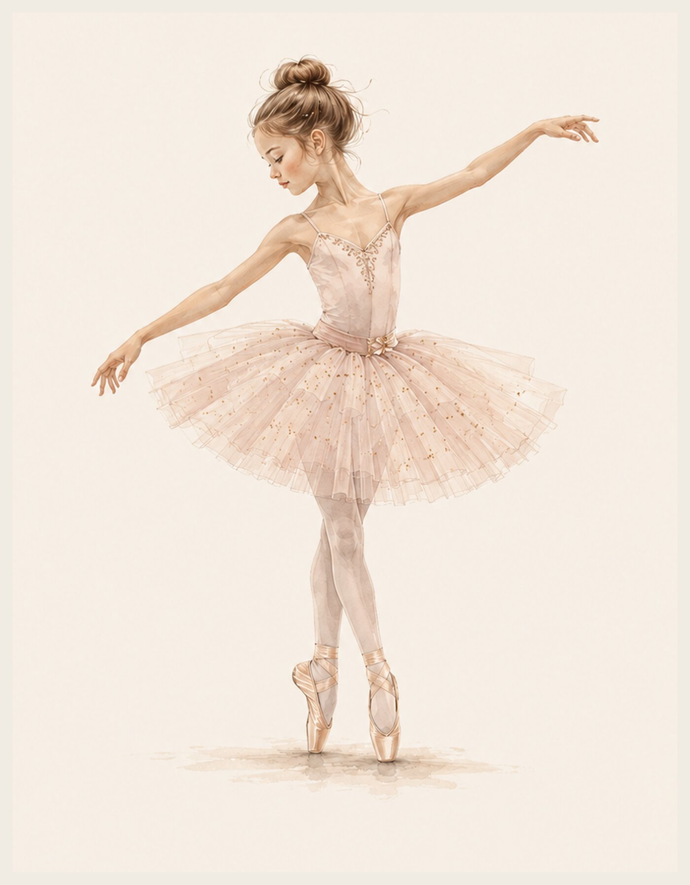 Ballerina — a watercolor study of a young dancer in pink tutu and pointe shoes, mid-pose, the Edition’s own figure artwork.