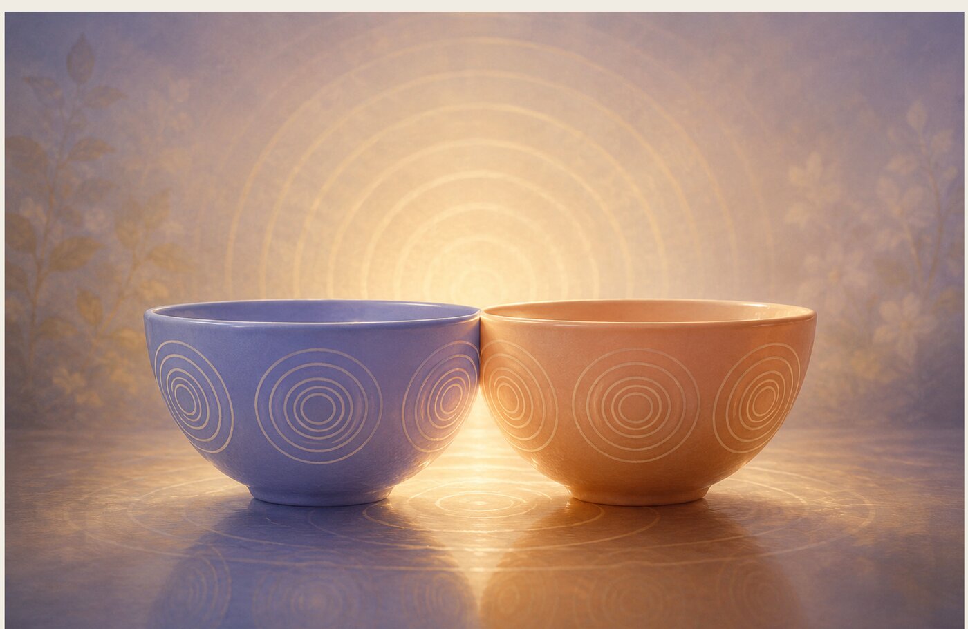 Bowls — two ceramic bowls, one blue and one warm, glowing with concentric rings of light, the Edition’s own figure photograph.