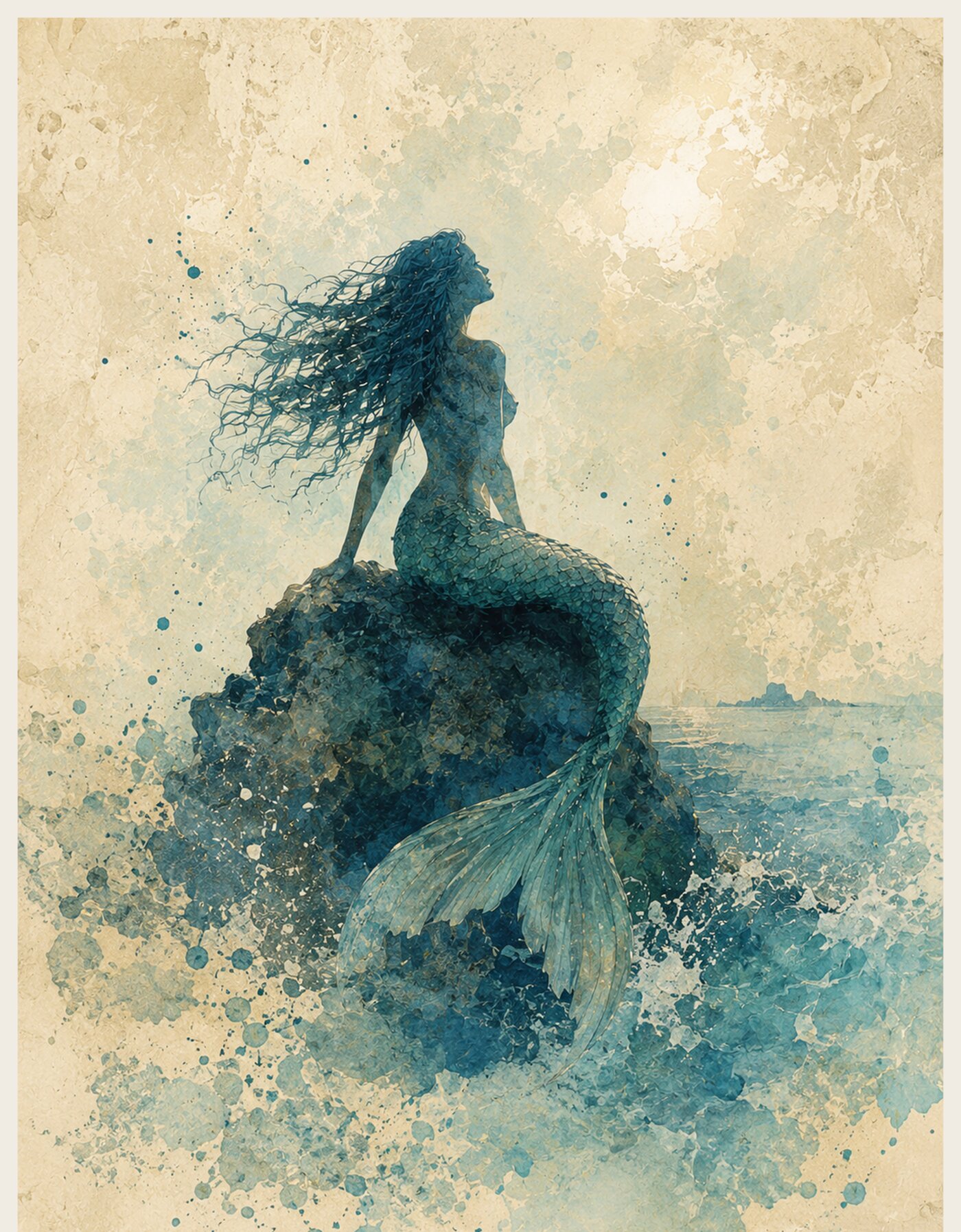 Grismere — a watercolor mermaid with flowing hair, seated on a rock above the waves, the Edition’s own figure artwork.