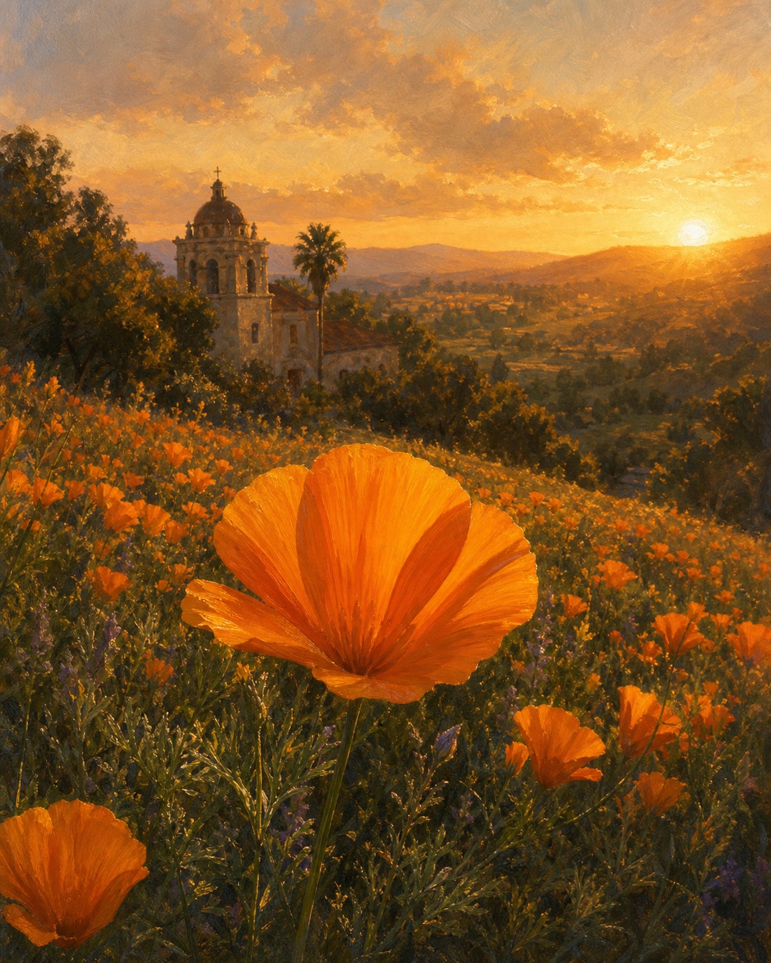 Poppy — a golden-hour painting of California poppies on a hillside above a mission bell tower, the Edition’s own atmospheric artwork.