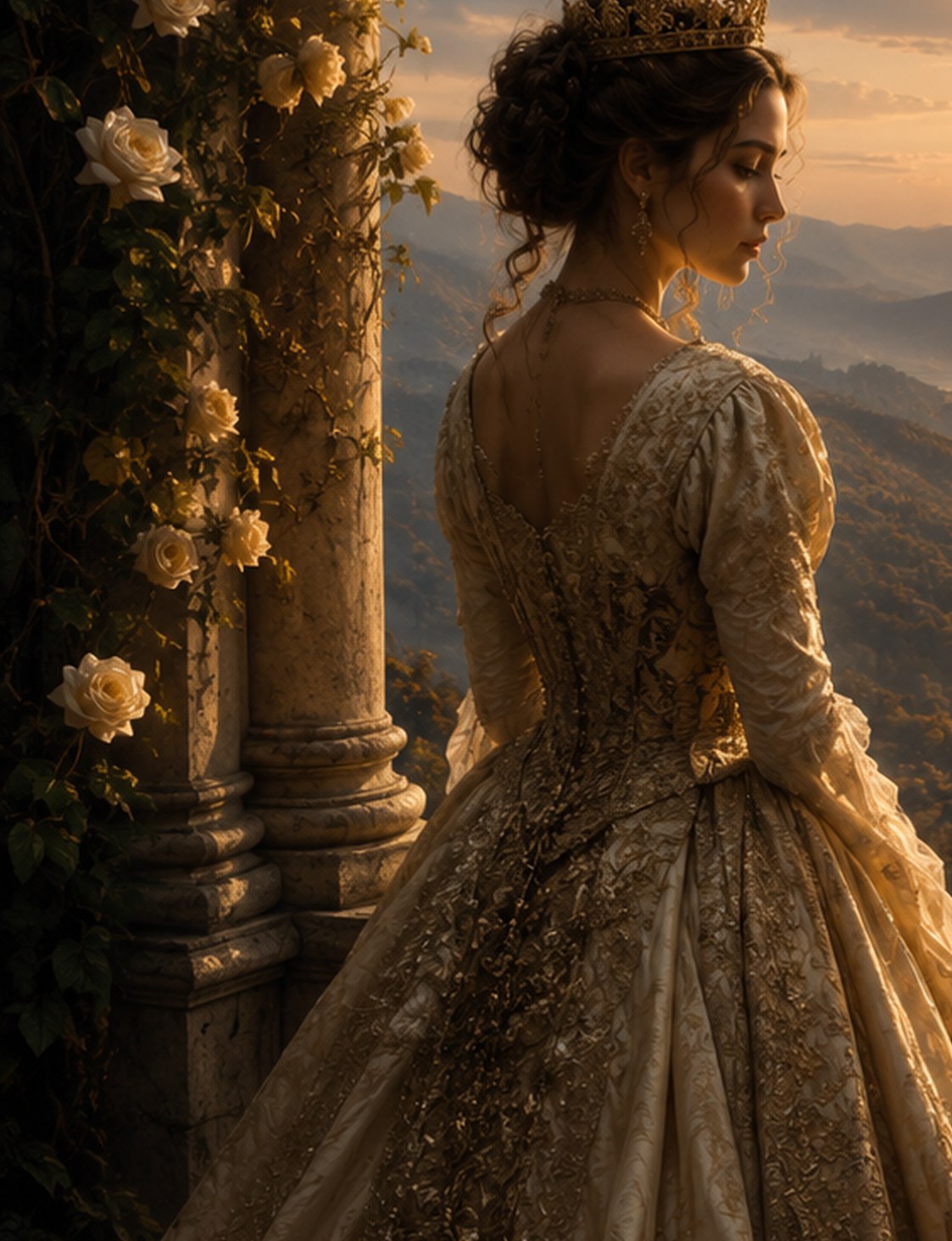 Queen Ann — a crowned figure in a gilded gown looking out over a mountain vista at sunset, the Edition’s own figure artwork.