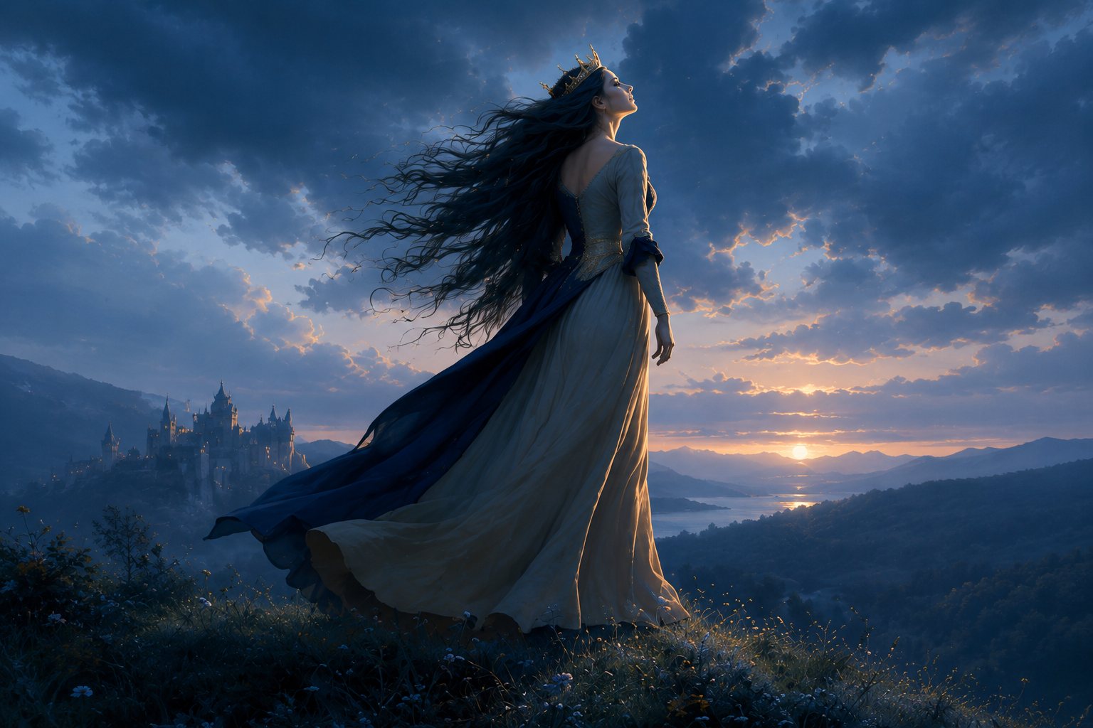 Queen Ann — a crowned figure in windswept hair and flowing gown, standing before a castle at sunset.