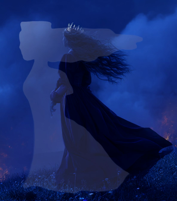 Queen Ann — atmospheric still: a windswept figure with form-silhouette overlay.