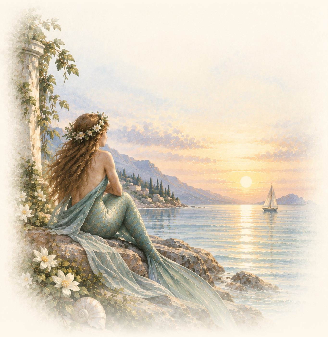 A mermaid seated on a rock above a quiet sea at sunset, a sailboat on the horizon