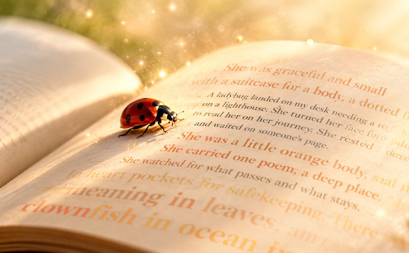 A ladybug resting on the open page of a book in warm light