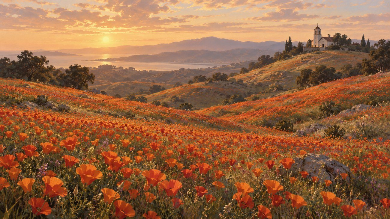 Hills covered in orange poppies at sunset, a bell tower on the far rise