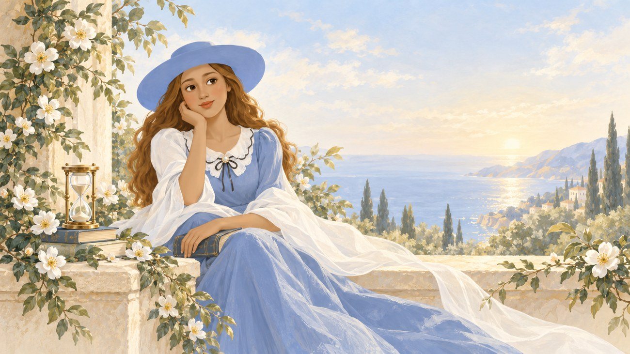 A young woman in a blue hat and dress resting on a terrace above the sea
