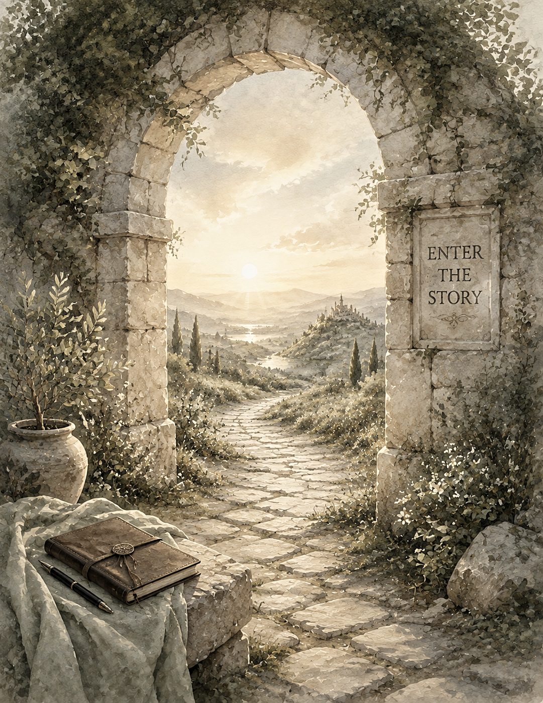 A stone archway marked “Enter the Story,” a satchel at its foot and a path beyond