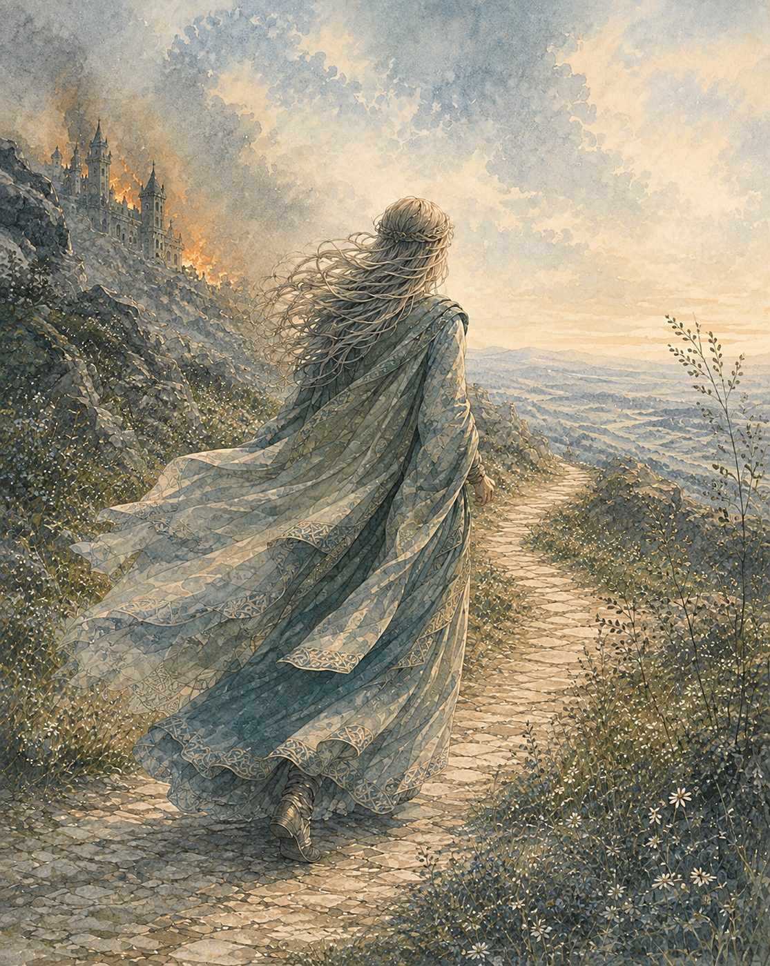 Ann hurrying down a hillside path, the castle burning behind her
