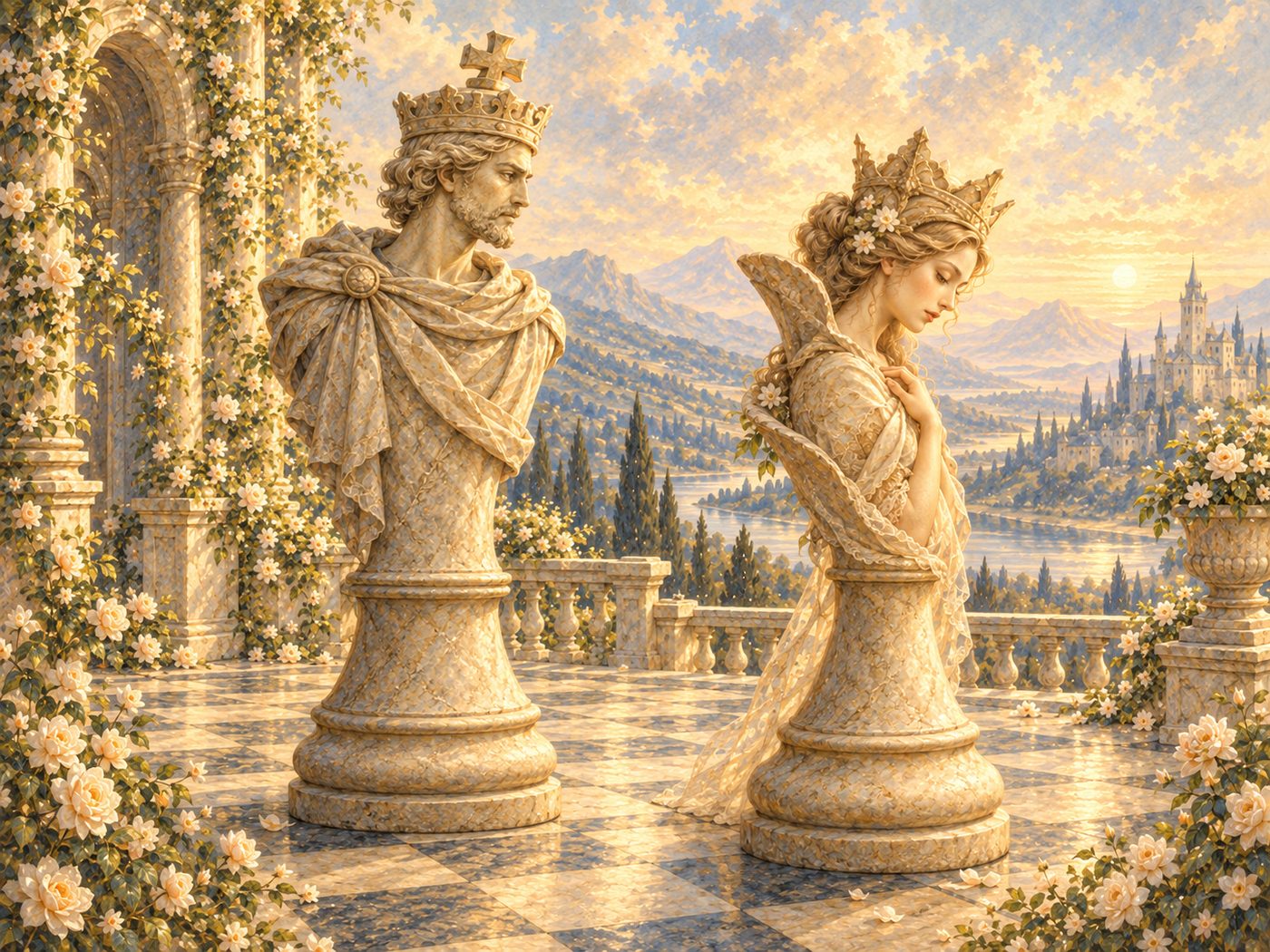 Carved chess king and queen side by side on a sunlit terrace