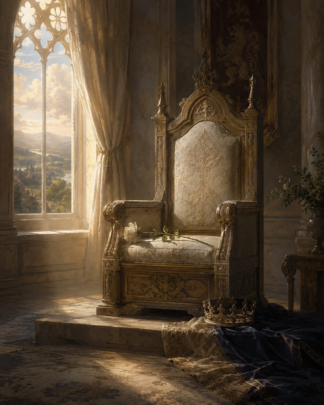 A sunlit throne room, a crown and rose at the foot of the throne