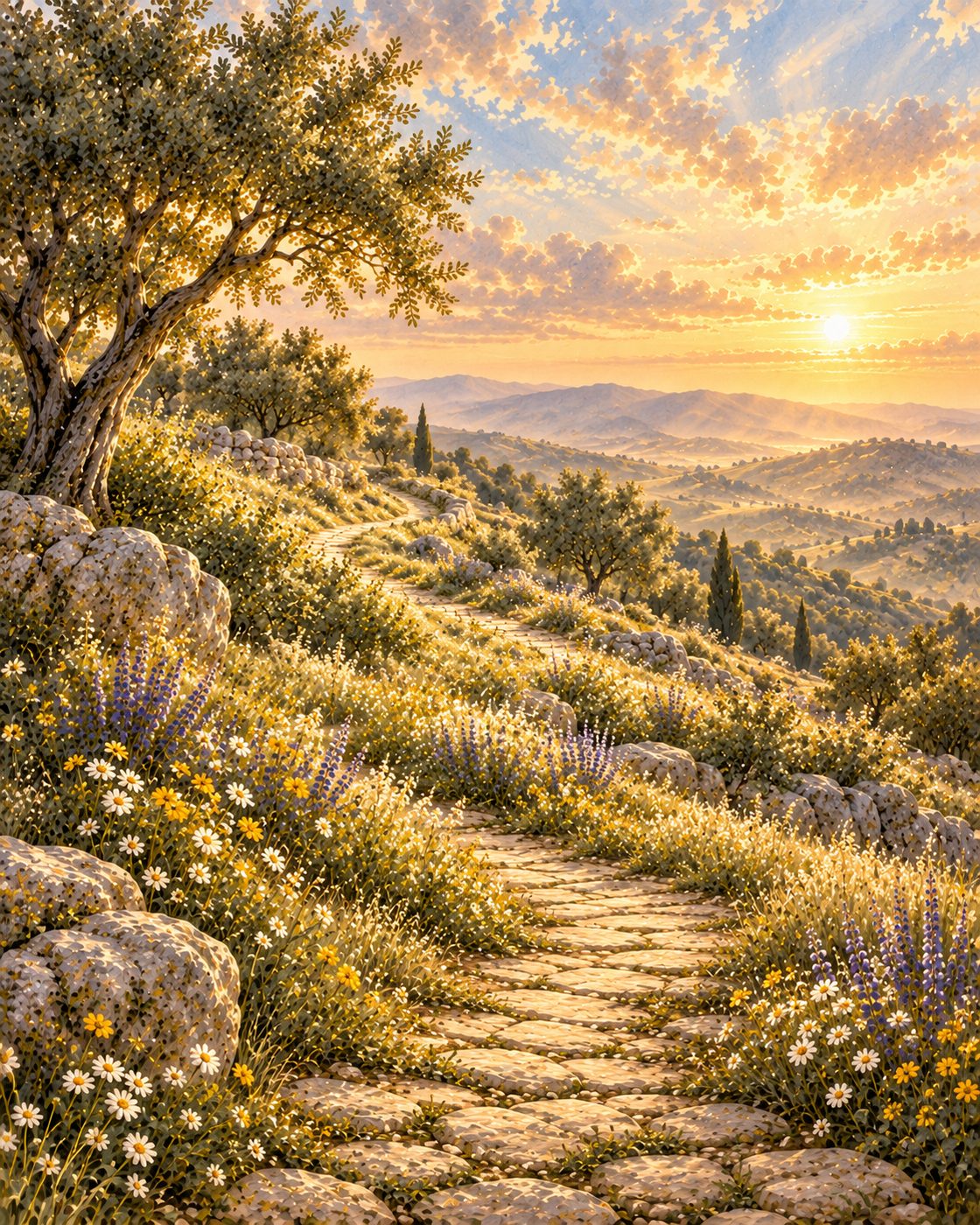 Where You Stand — a stone path winding past an olive tree toward the hills at sunrise