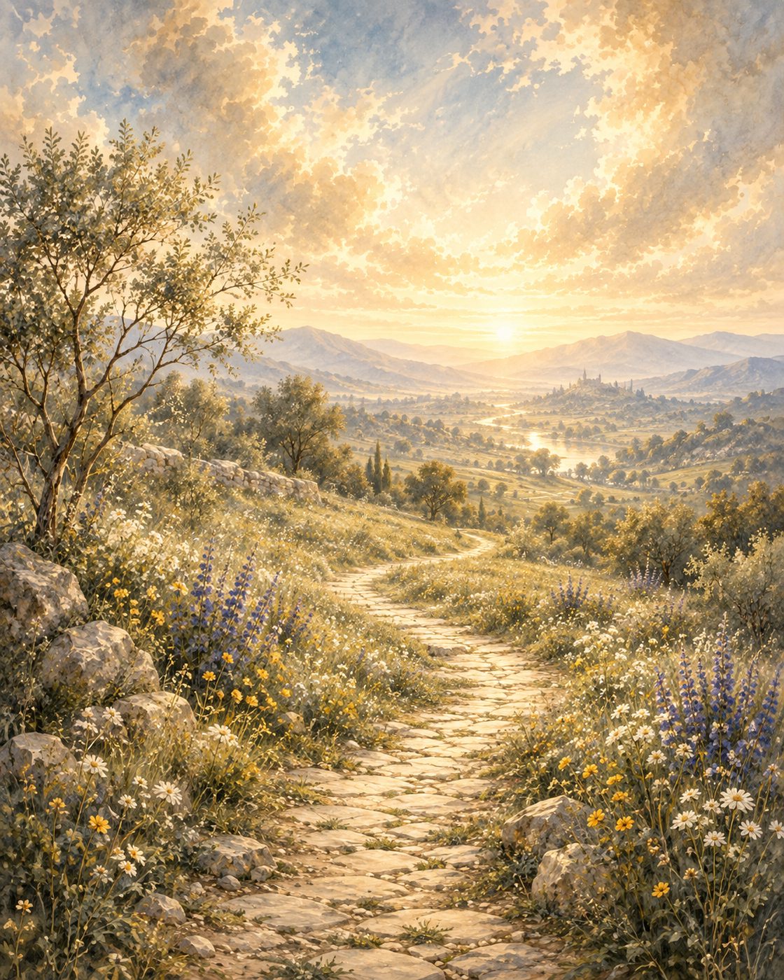 A path winding down through wildflowers into a sunlit valley