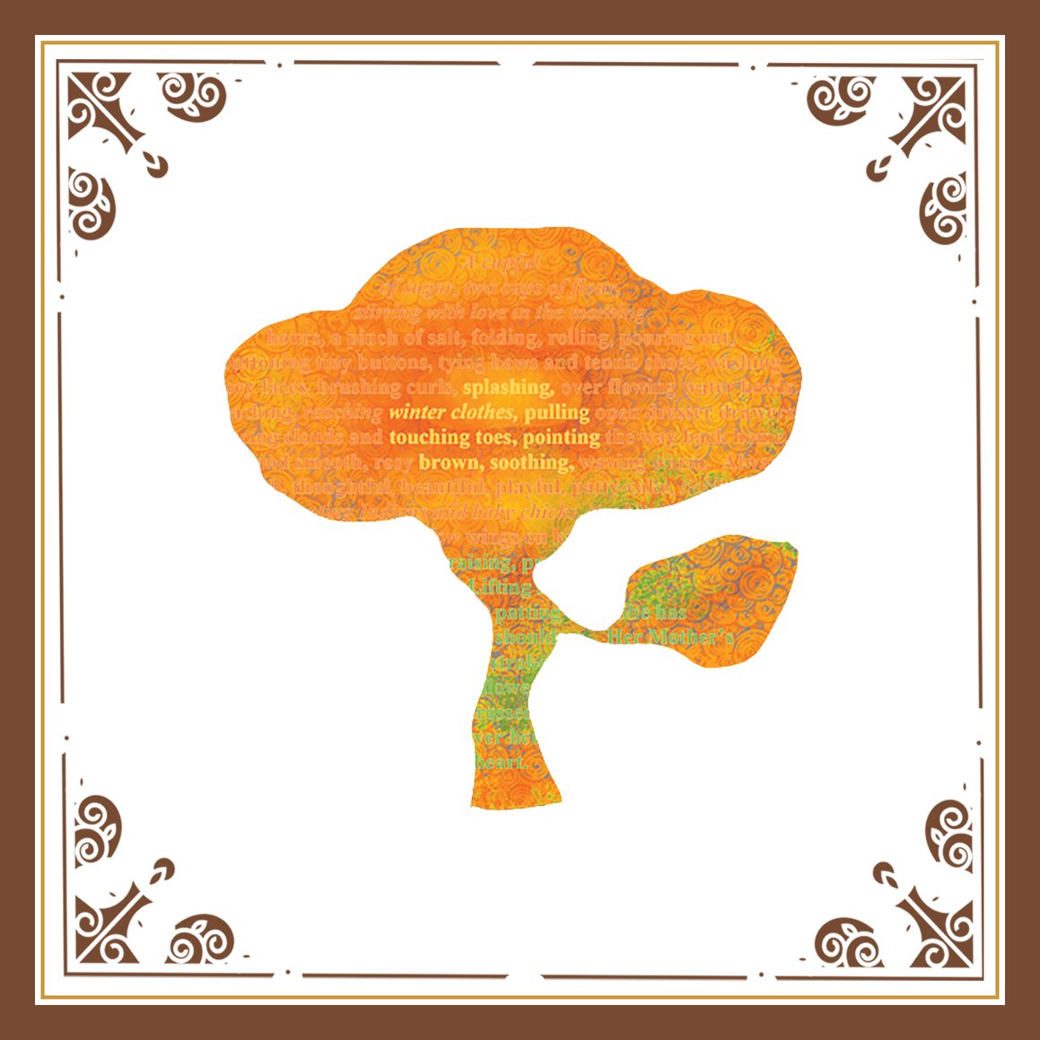An orange poppy shaped from words, in an ornamental frame