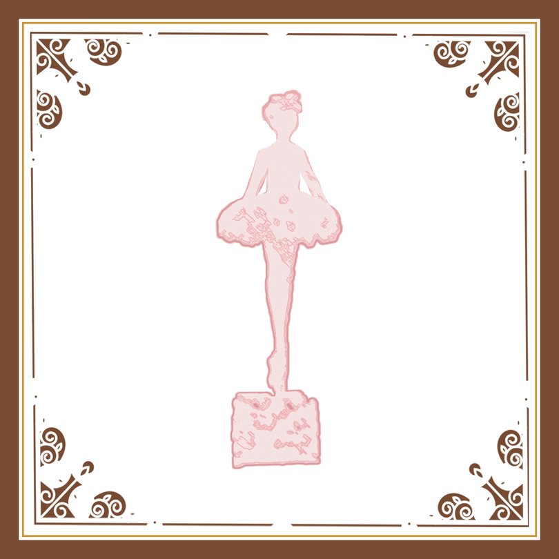 A pink ballerina figure on a pedestal, in an ornamental frame