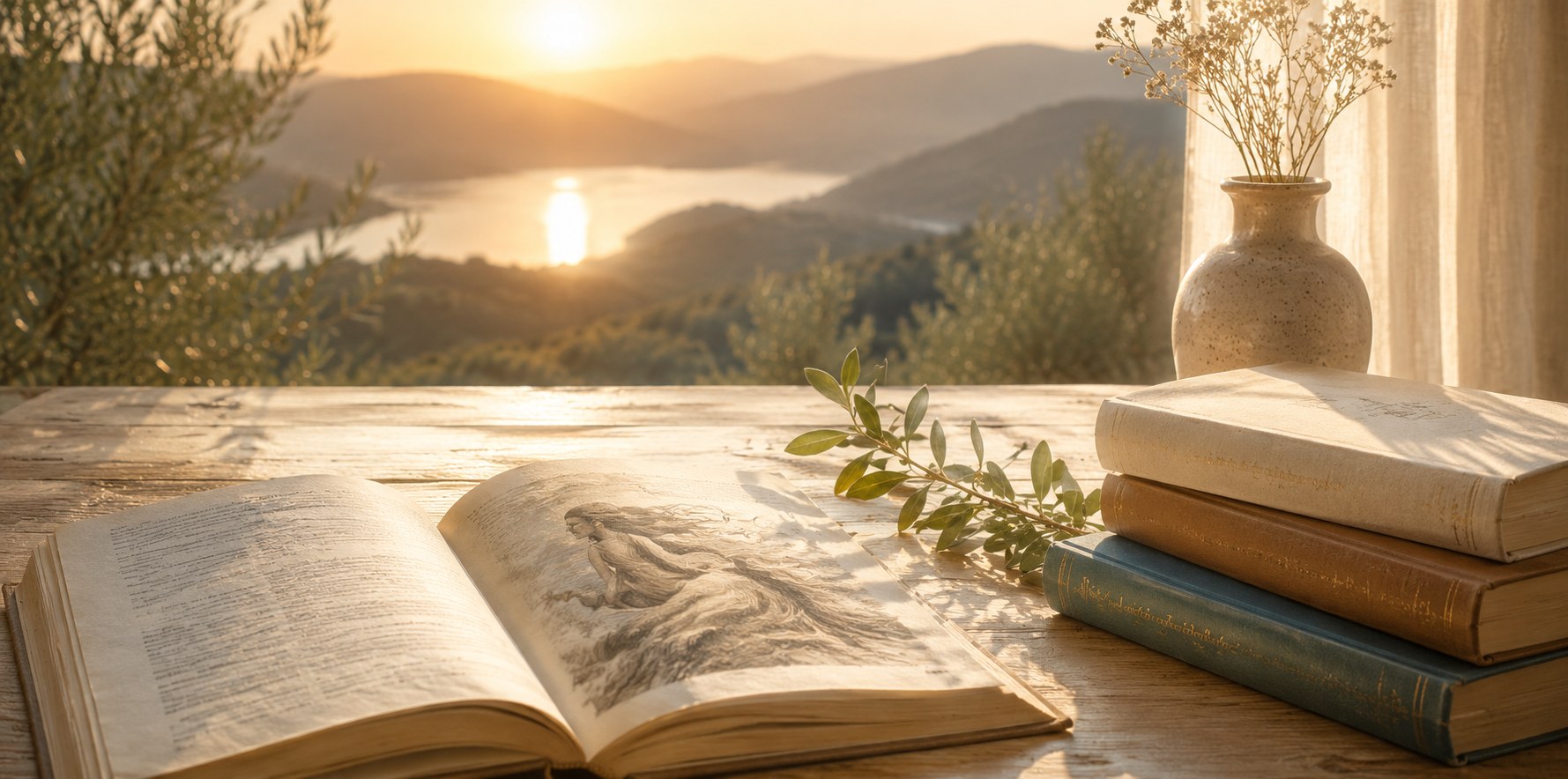 An open book, dried flowers, and a stack of well-worn books on a sunlit table overlooking a hillside at sunset — a quiet place to write and reflect.
