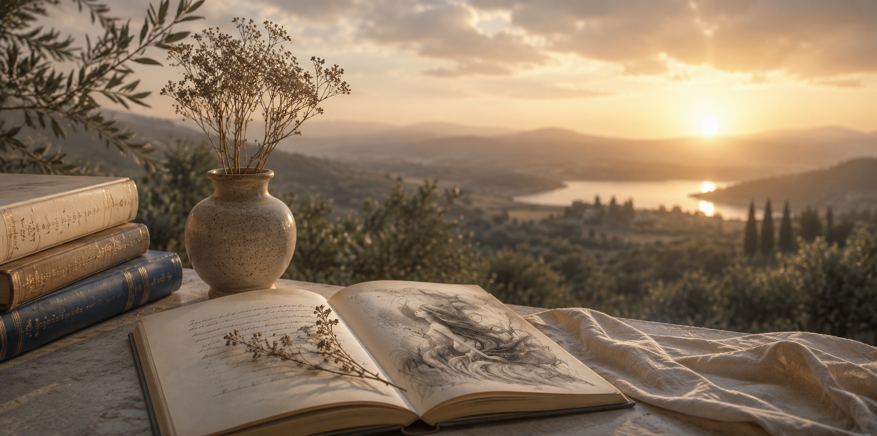 An open journal with a sketched figure, stacked books, and dried botanicals, overlooking hills at sunset — a quiet place for shared reflection.